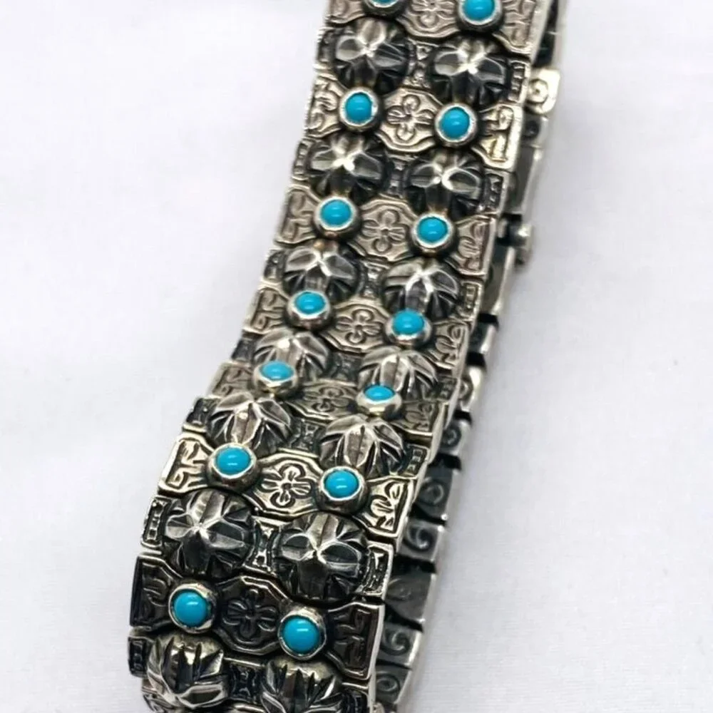 SOLD!! Konstantino Sterling Silver Turquoise Panel Links Bracelet 6.75" - Picture 5 of 16